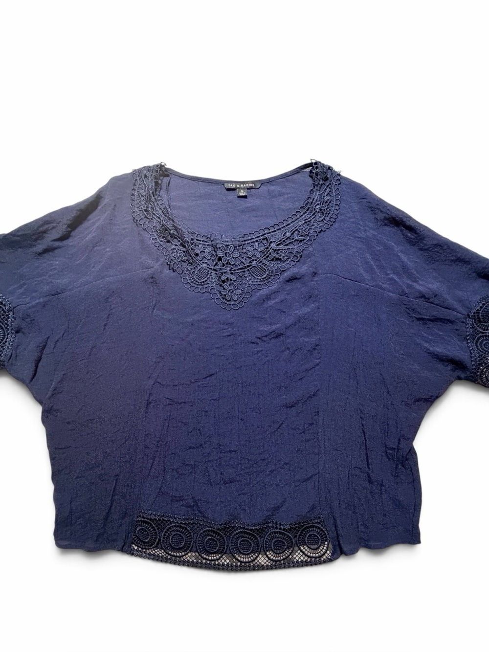 NWOT Zac & Rachel Navy Lace Trim Boho Dolman Blouse Size M